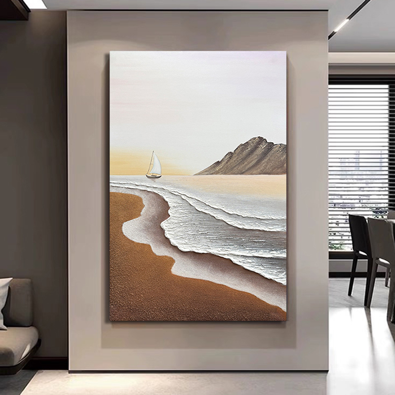 意式玄关纯手工油画客厅沙发背景墙咖色系装饰画走廊过道大海挂画