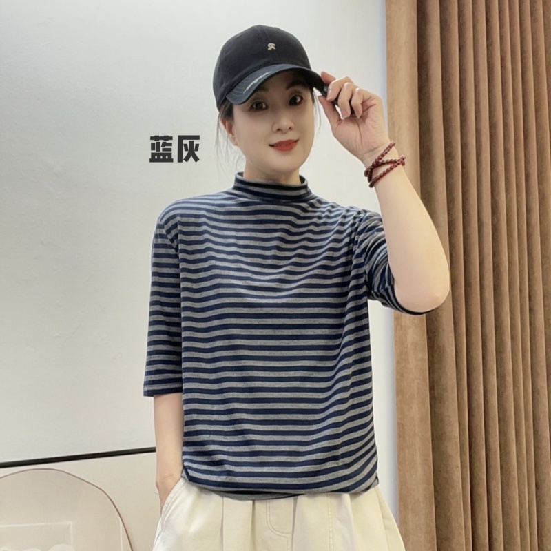0802#休闲百搭秋季显瘦时尚中袖条纹半高领套头