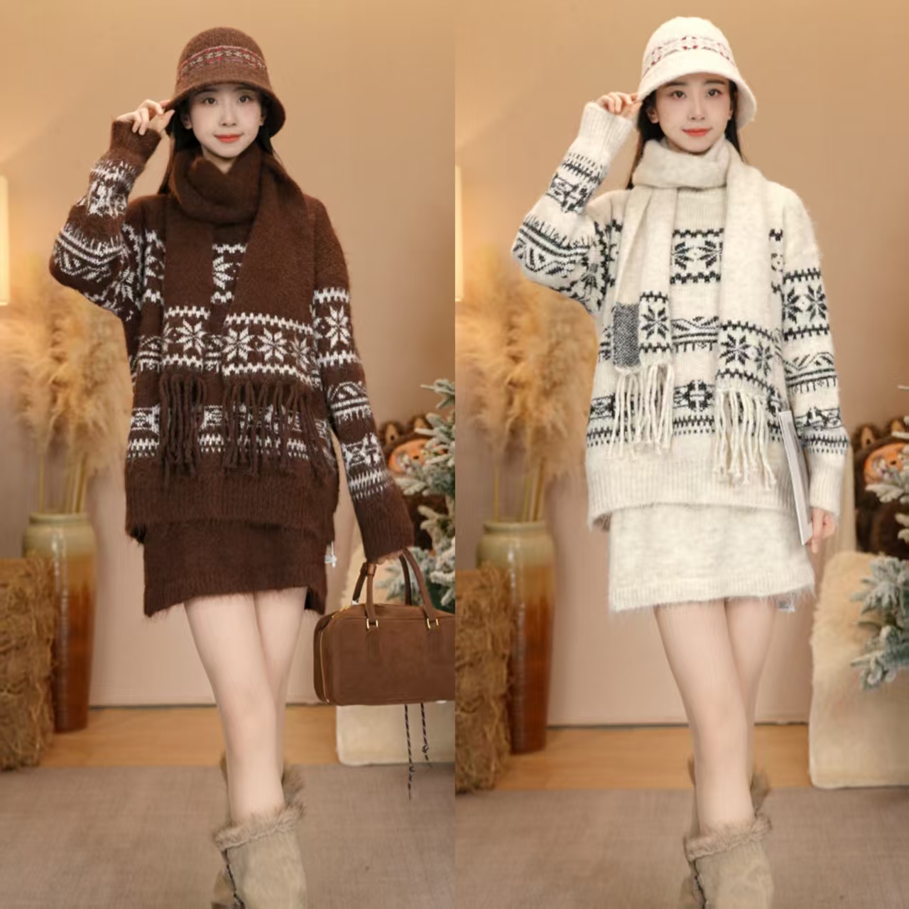 唐乐乐｜25new秋冬韩系厚款宽松费尔岛上衣+半身裙+围巾套装BF2606