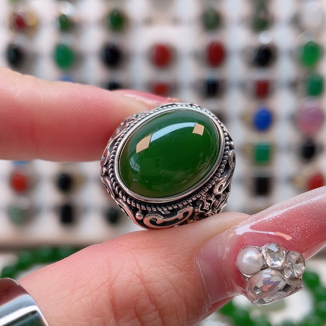 和田玉戒指银S925镶嵌腾**产