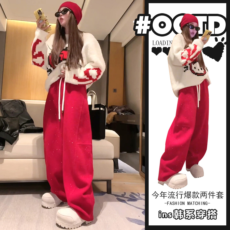 设计感别致慵懒风针织毛衣+高腰休闲显瘦阔腿裤俏皮简约两件套女