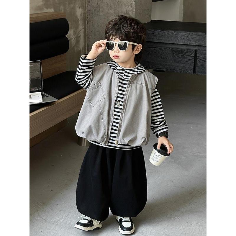 男童春秋套装2025新款韩版儿童秋装马甲三件套宝宝男孩酷帅衣服潮