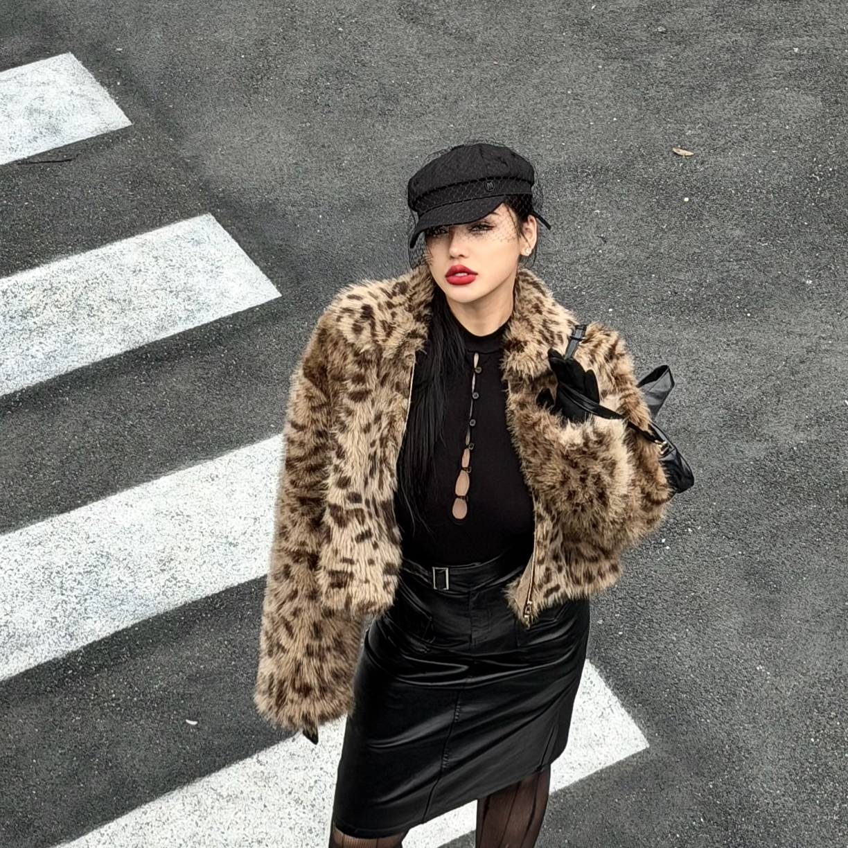 BBWootd大码微胖豹纹皮草毛拉链开衫外套