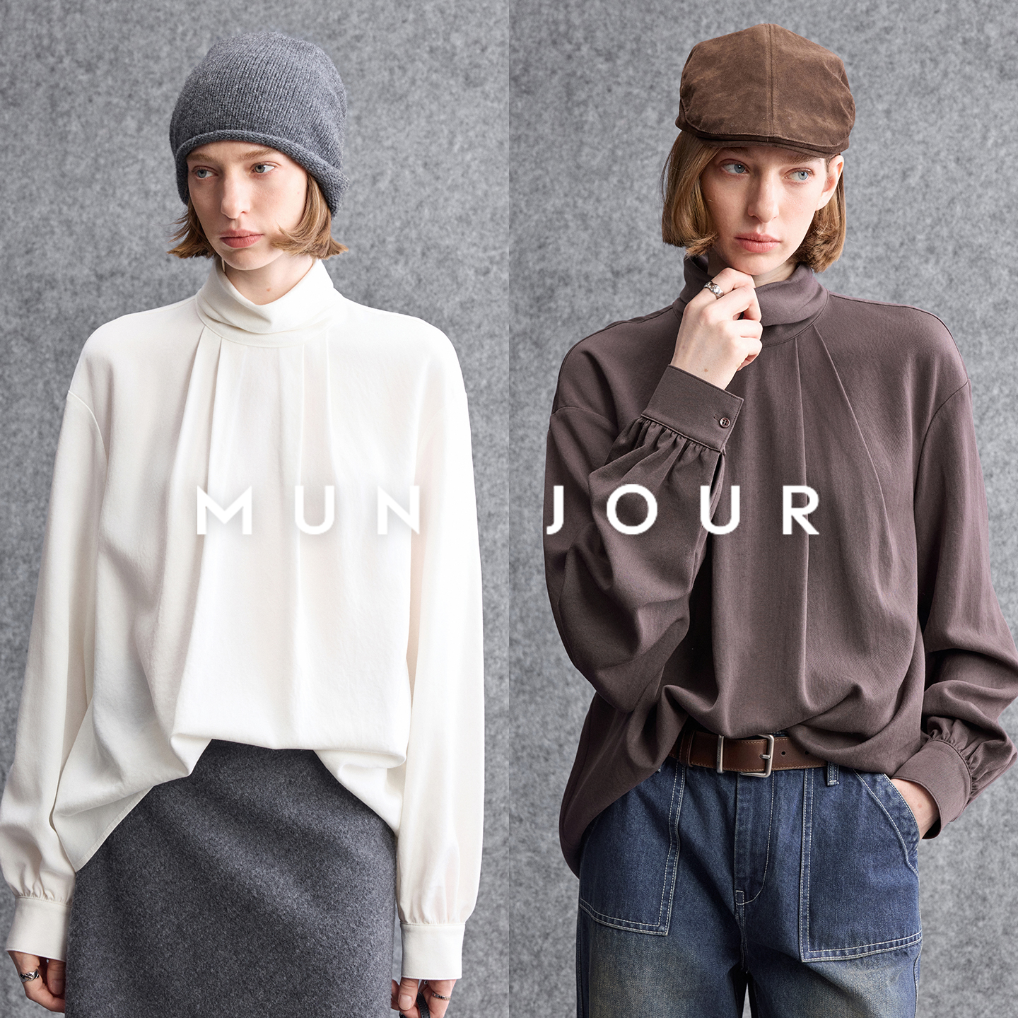 松弛有度 ROW风羊毛莱赛尔堆堆半高领压褶宽松气质通勤衬衫