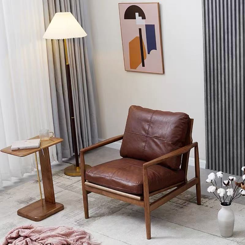 汉克月辉椅北欧实木沙发椅真皮单双人沙发茶室诧寂风复古书房客厅