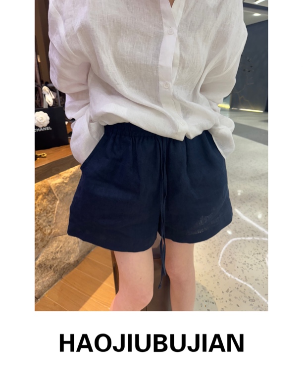 好久不见两色藏蓝色亚麻短裤