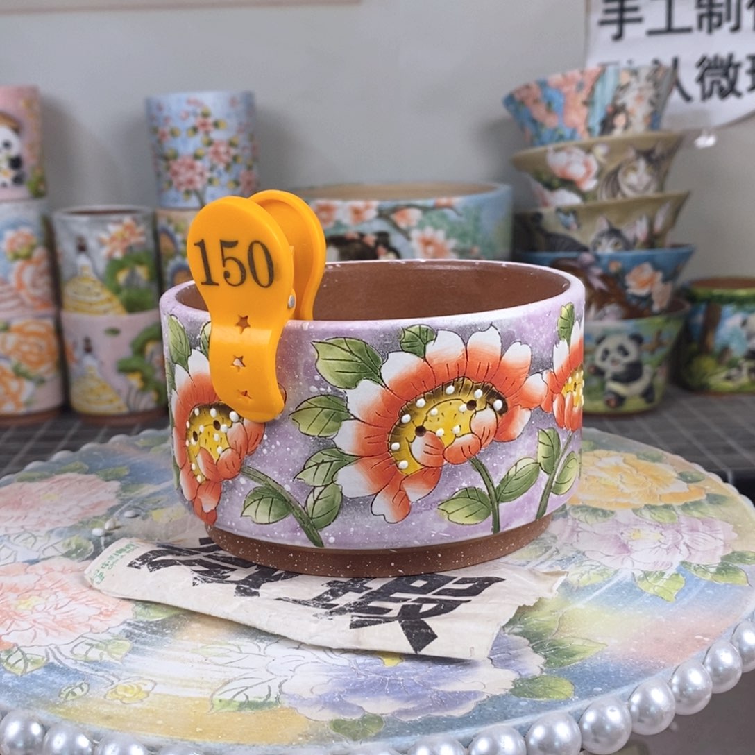 紫砂花盆红陶手绘花盆