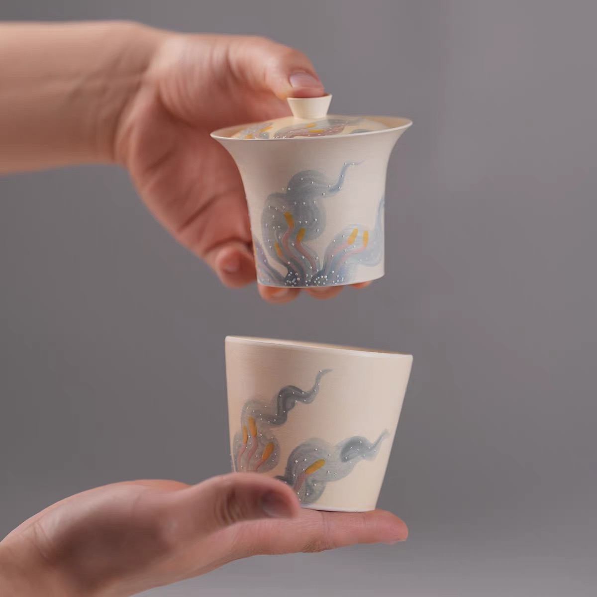 牧渔碎冰百合猪口杯马蹄盖碗叠叠乐