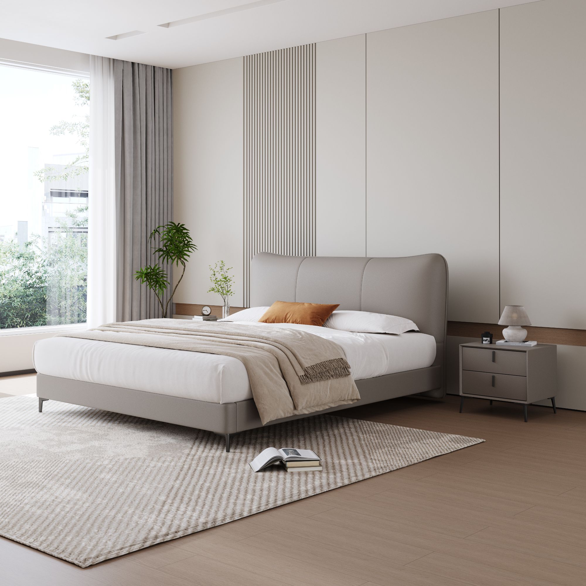 晚安家居真皮软包现代极简主卧床双人床轻奢简约5805