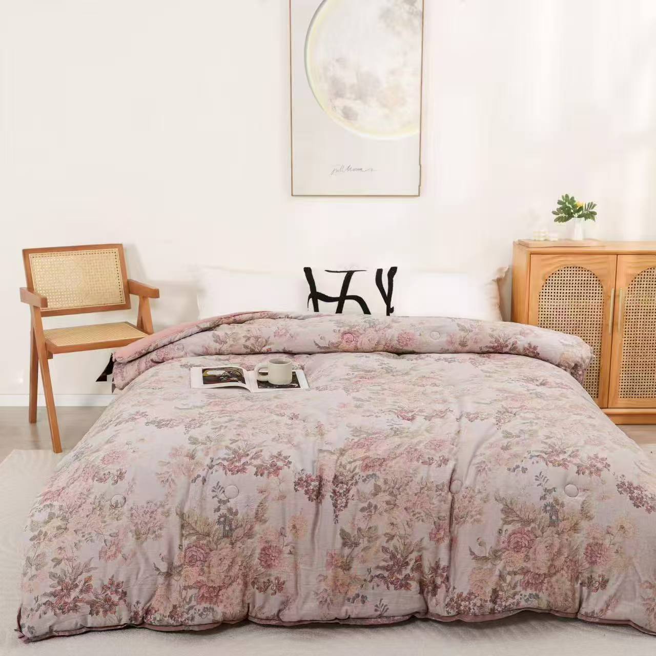 四件套【落霞秋水 粉】2x2.3米 A类 高端轻奢双人棉麻四季四件套