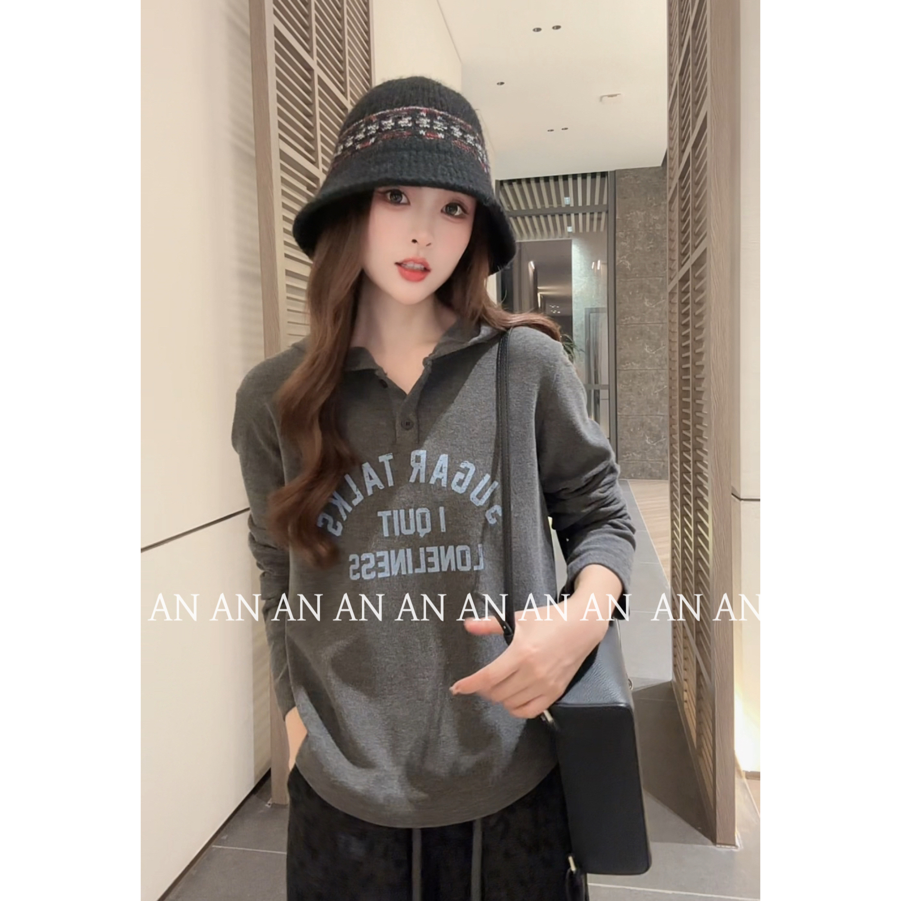 C10059美式休闲风宽松帽衫小个子长袖打底字母连帽卫衣