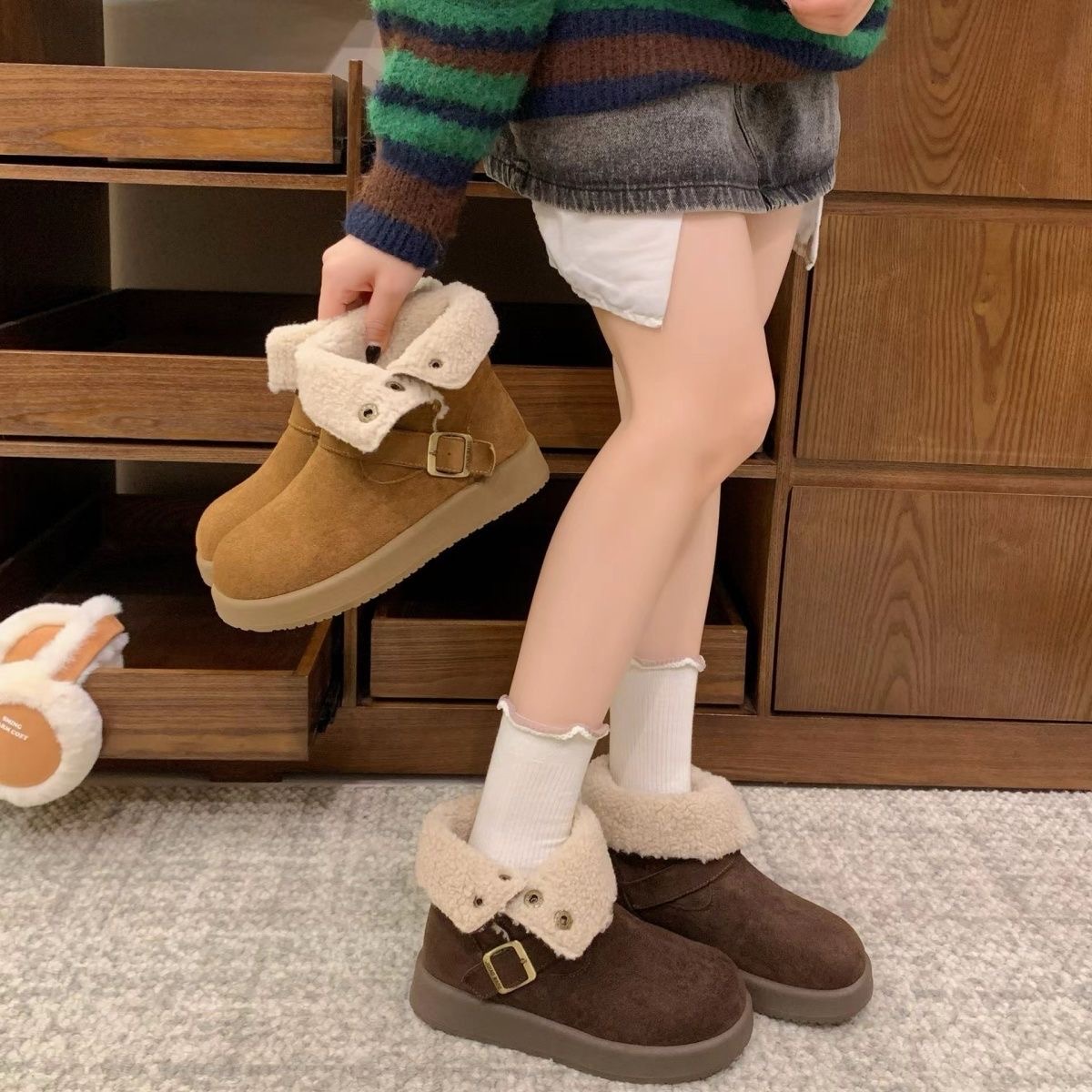 2025冬季两穿保暖保暖棉鞋加绒加厚皮带扣雪地靴（勿水洗）