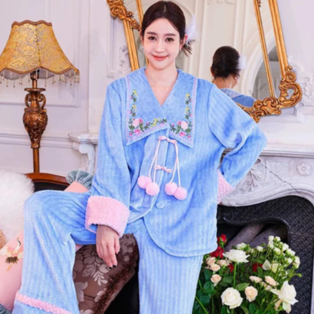 原创刺绣法兰绒家居服两件套北极绒珊瑚绒可外穿睡衣套装秋冬