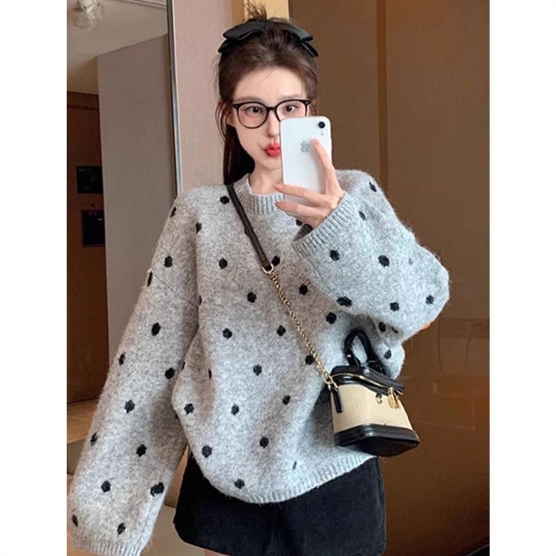 慵懒风波点套头针织衫女秋冬宽松内搭毛衣