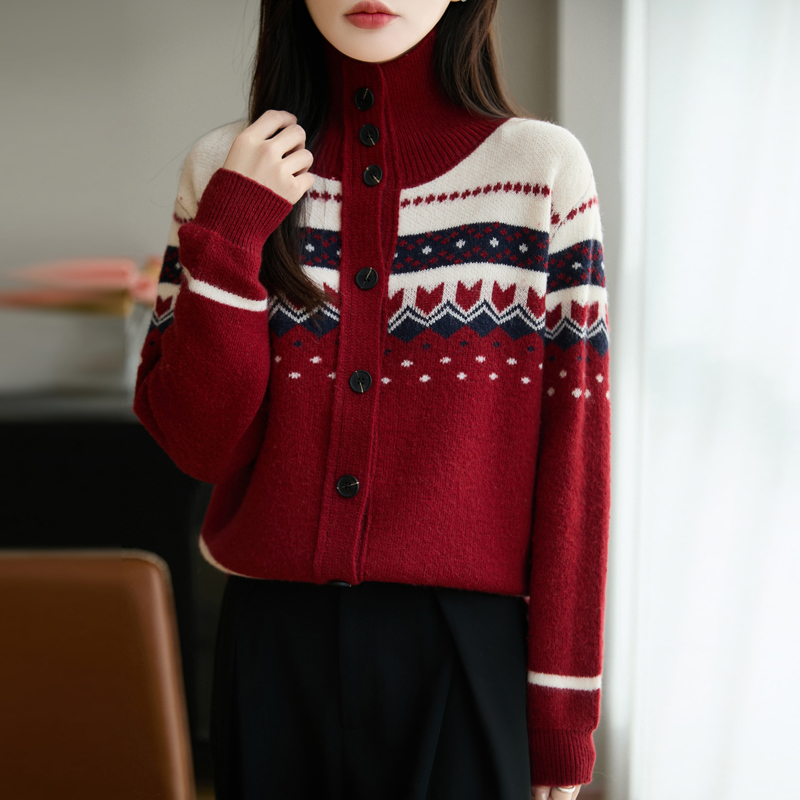 加厚复古提花高领羊毛开衫女冬装新款女装打底衫潮