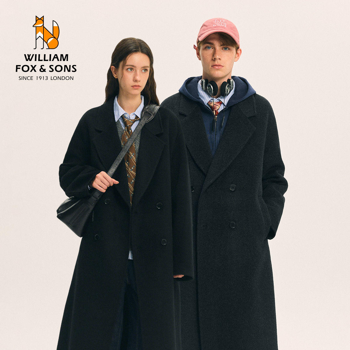 英国小狐狸秋冬季绵羊毛双面呢复古翻领情侣长款毛呢大衣外套男女