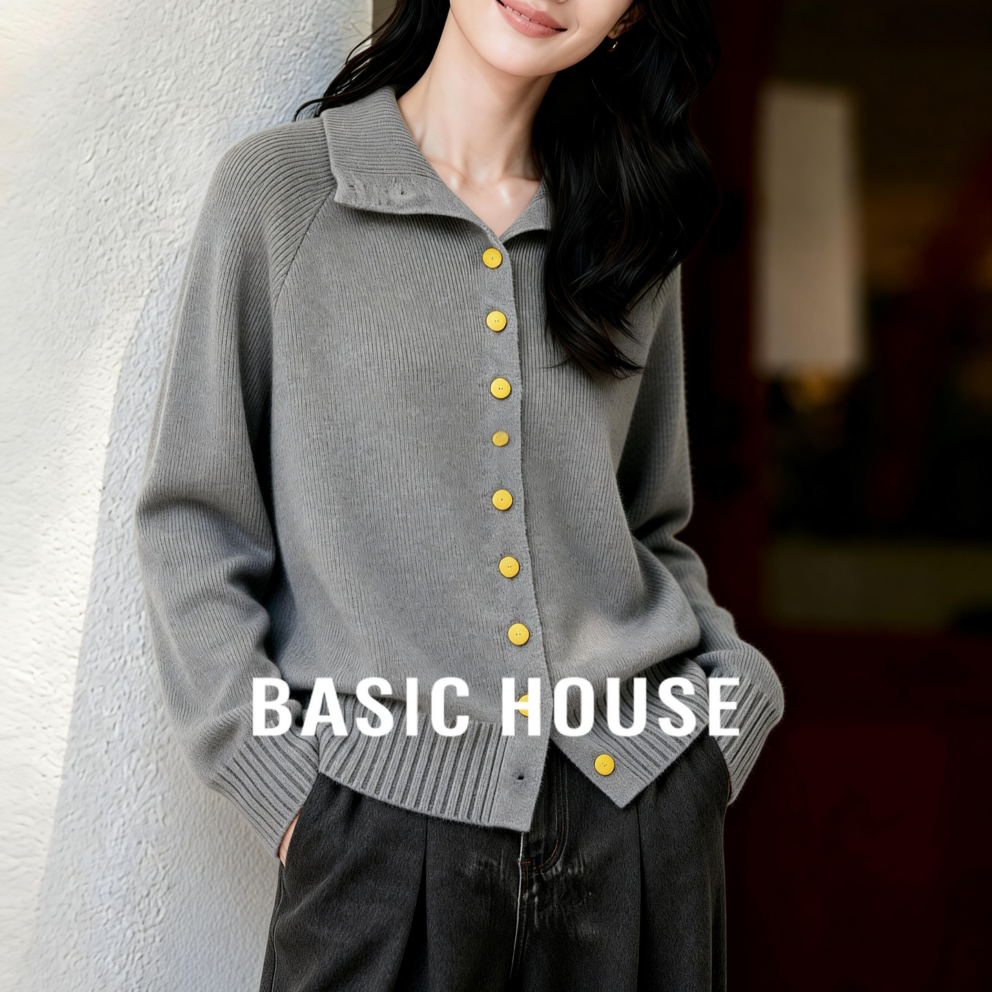 Basic House/百家好秋冬新款简约宽松撞色纽扣毛衣-B0625B5OZE2