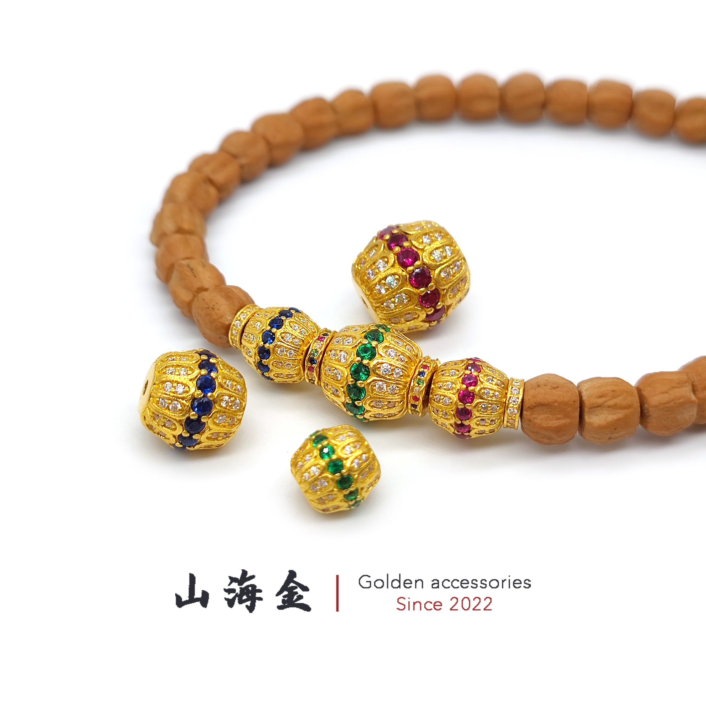 山海金 24K黄金足金镶嵌宝石钻石格桑花顶珠腰珠文玩手串菩提配饰