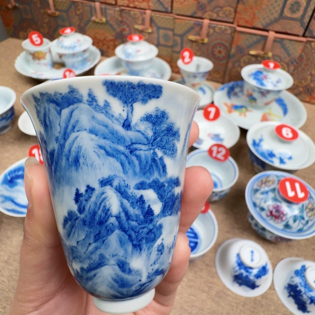 杯青花山水杯手工手绘