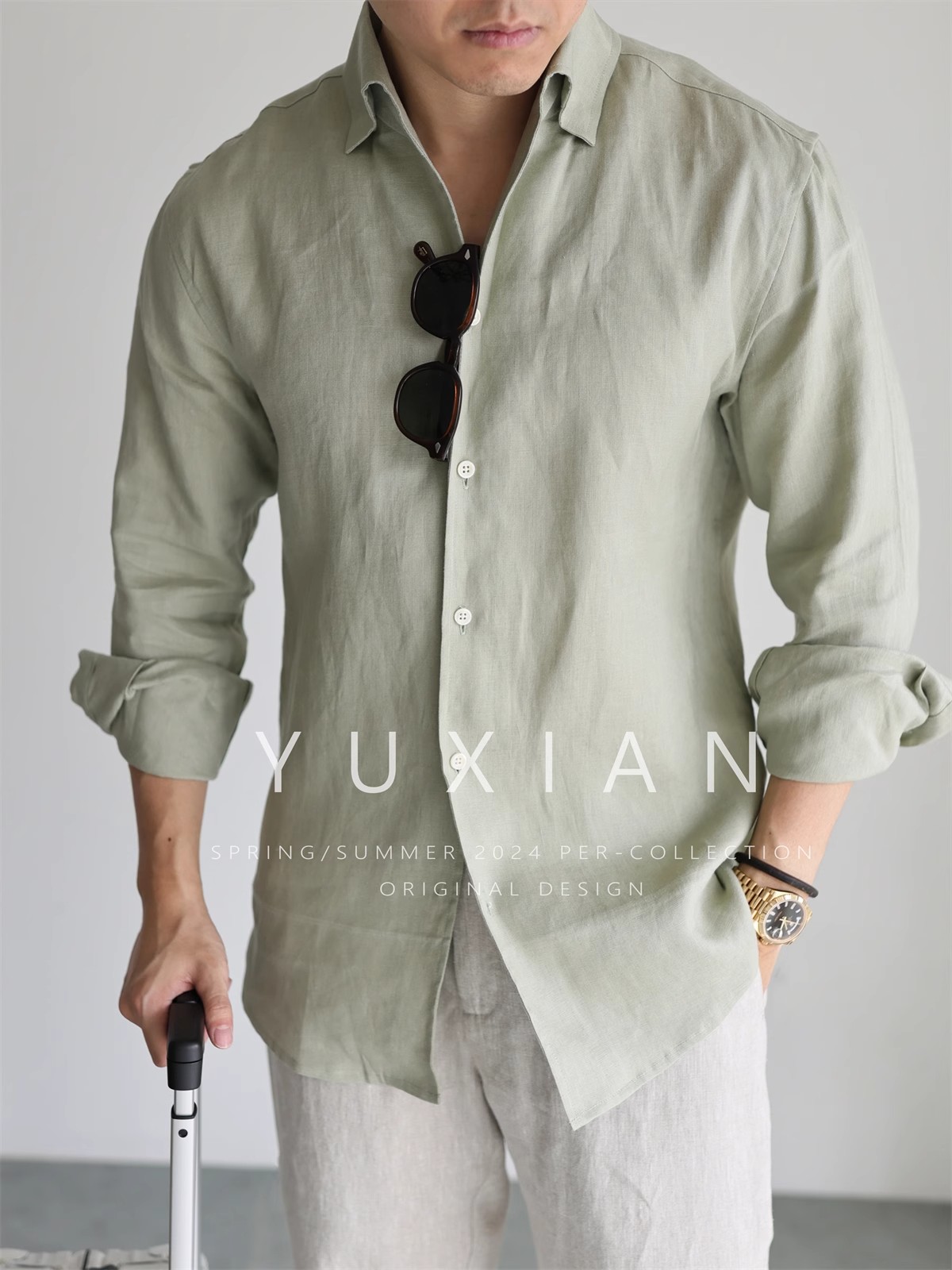 YUXIAN意式老钱100%亚麻一片领衬衫透气休闲商务长袖衬衣男士春夏
