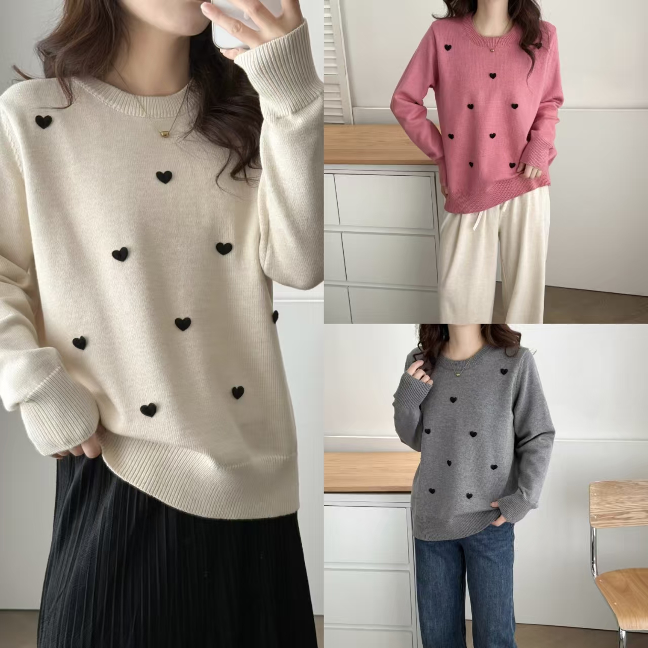 YueBeiLa/月贝拉大码秋冬爱心加厚针织毛衣女宽松显瘦圆领落肩袖