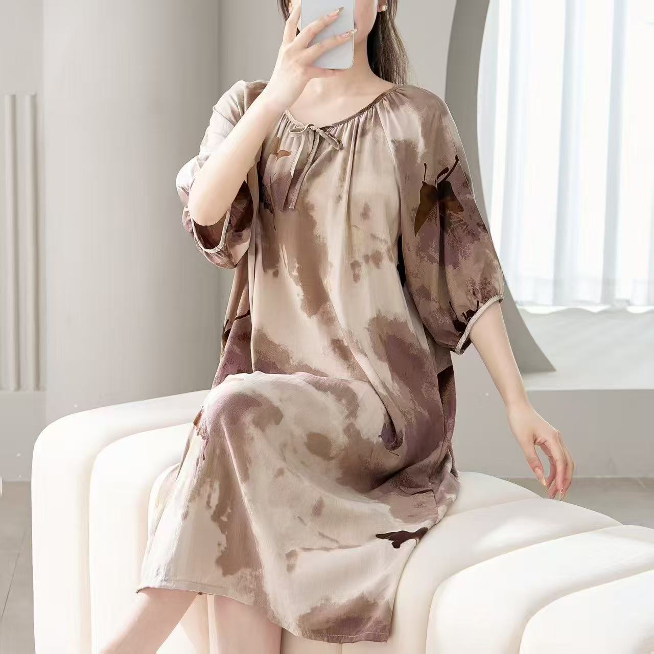 新款绵绸女士睡衣睡裙印花简约高级感春秋薄款中长款家居服夏季