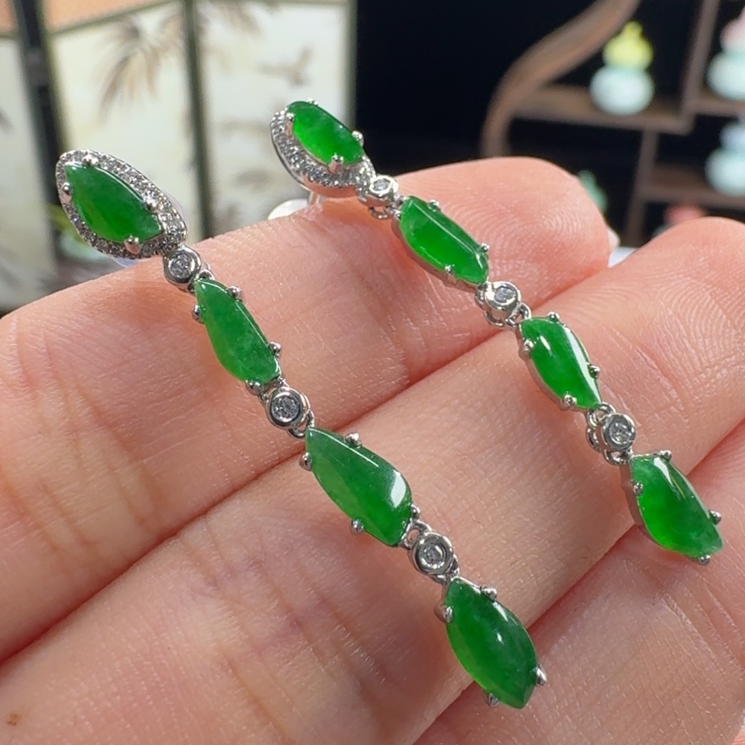 18K金镶嵌手链翡翠巨漏！炸光！高冰辣绿耳坠卡3.5 福利！