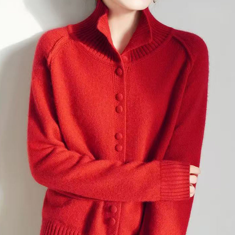 王菲同款新年红女高领包扣加厚宽松慵懒风针织毛衣羊毛开衫打底衫