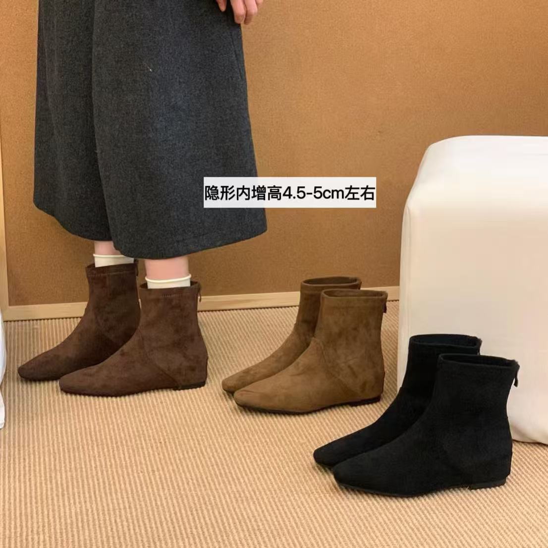 内增高短靴女靴子2025秋冬季新款韩版简约短筒靴方头瘦瘦靴