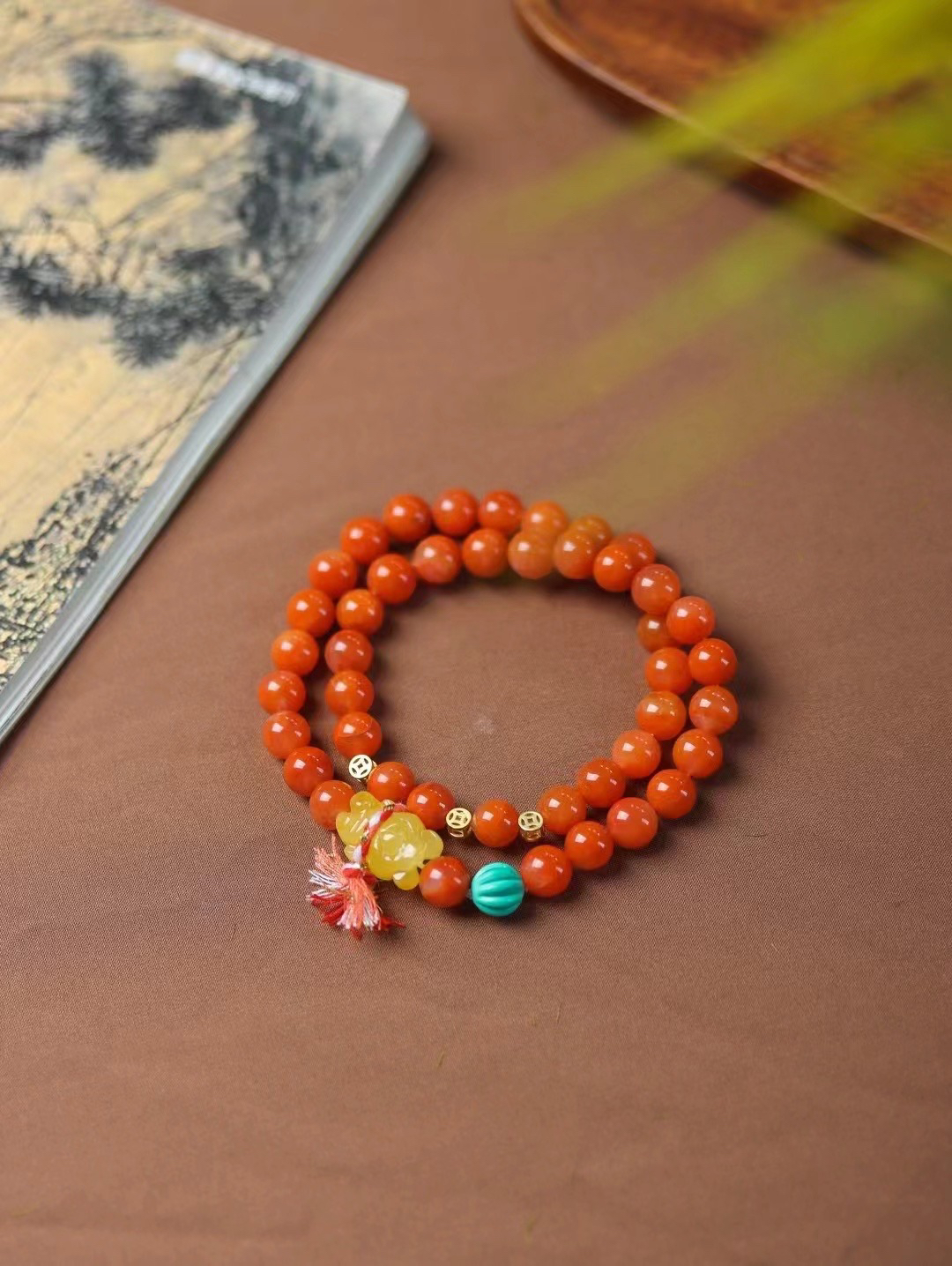 冰漂南红手串7mm女款双圈配蜜蜡小熊时尚可爱珠串