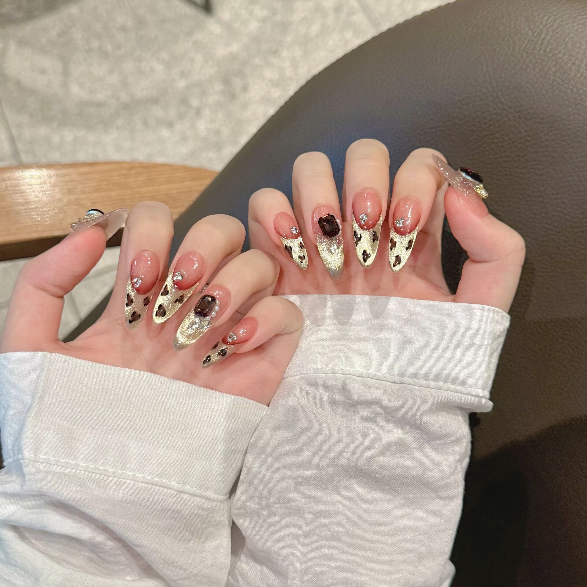 【豹纹猫眼】金法式酷拽风显白高级短梯长尖手工穿戴甲可拆卸美甲