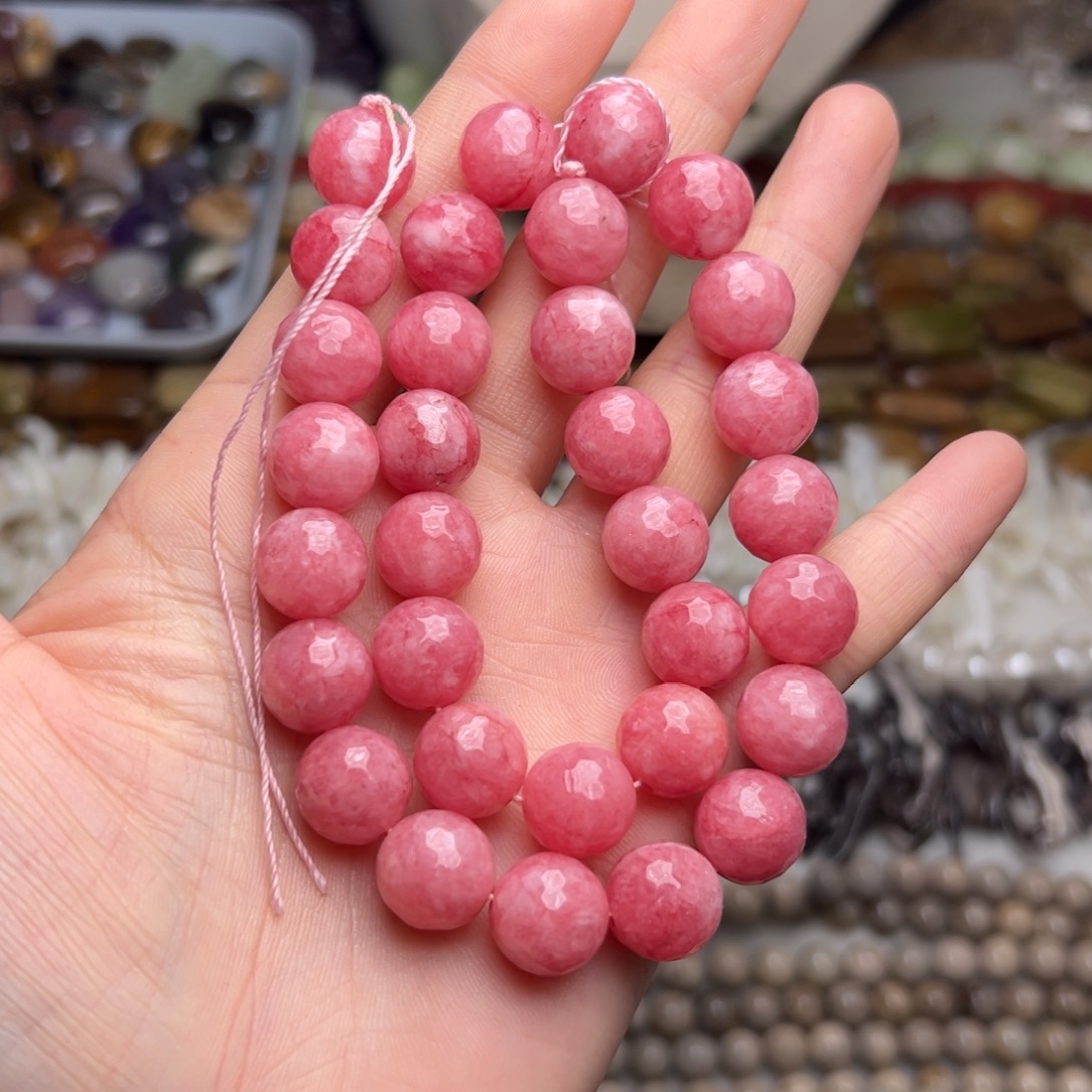 玛瑙/玉髓合金珠宝半成品N637。12mm粉玉刻面圆珠一条