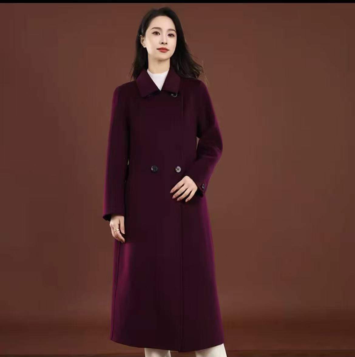 网红修身型长袖加厚毛呢外套秋冬红色女显瘦西装领腰带百搭时尚