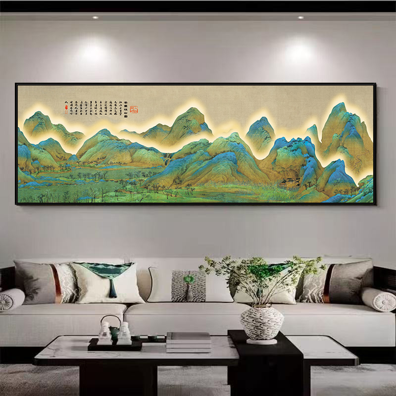 晶瓷镶钻千里江山装饰画铝合金边框办公室客厅背景画70200