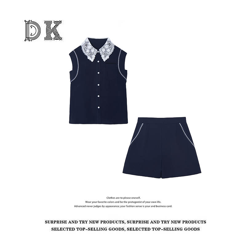 DK 2025夏季女装 时尚气质蕾丝领无袖衬衫阔腿短裤两件套装 18675