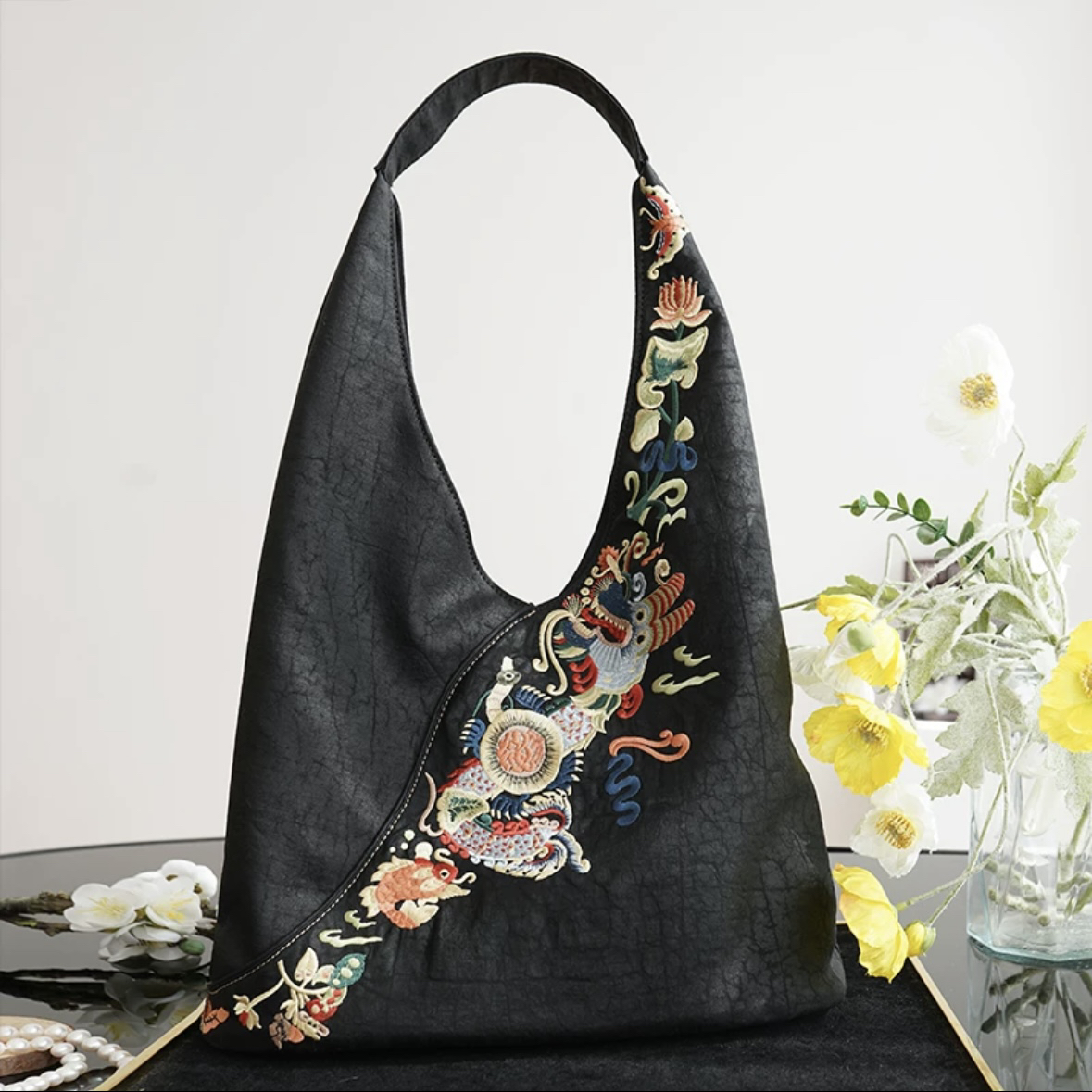 【鱼跃龙门】P香云包38*24cm龟裂纹刺绣新中式女国风新年单肩包盼盼