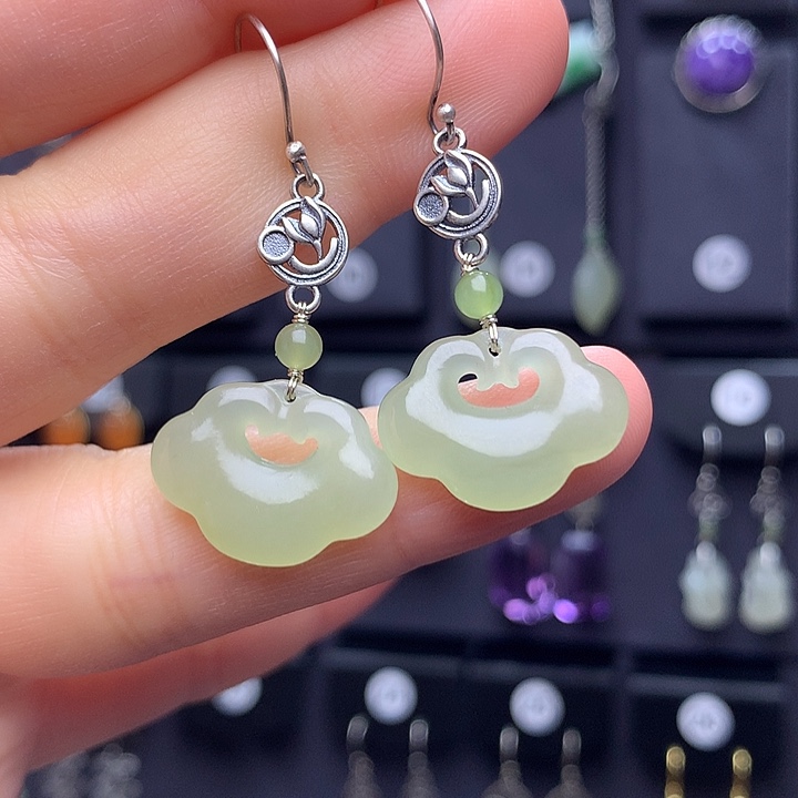 和田玉耳饰银S925镶嵌