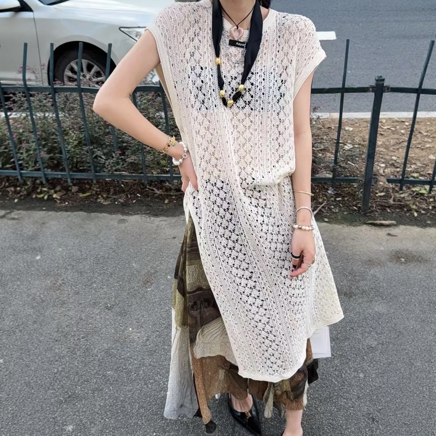 现货【ASY超细羊毛针织】设计感长裙镂空中长款背心罩衫上衣女
