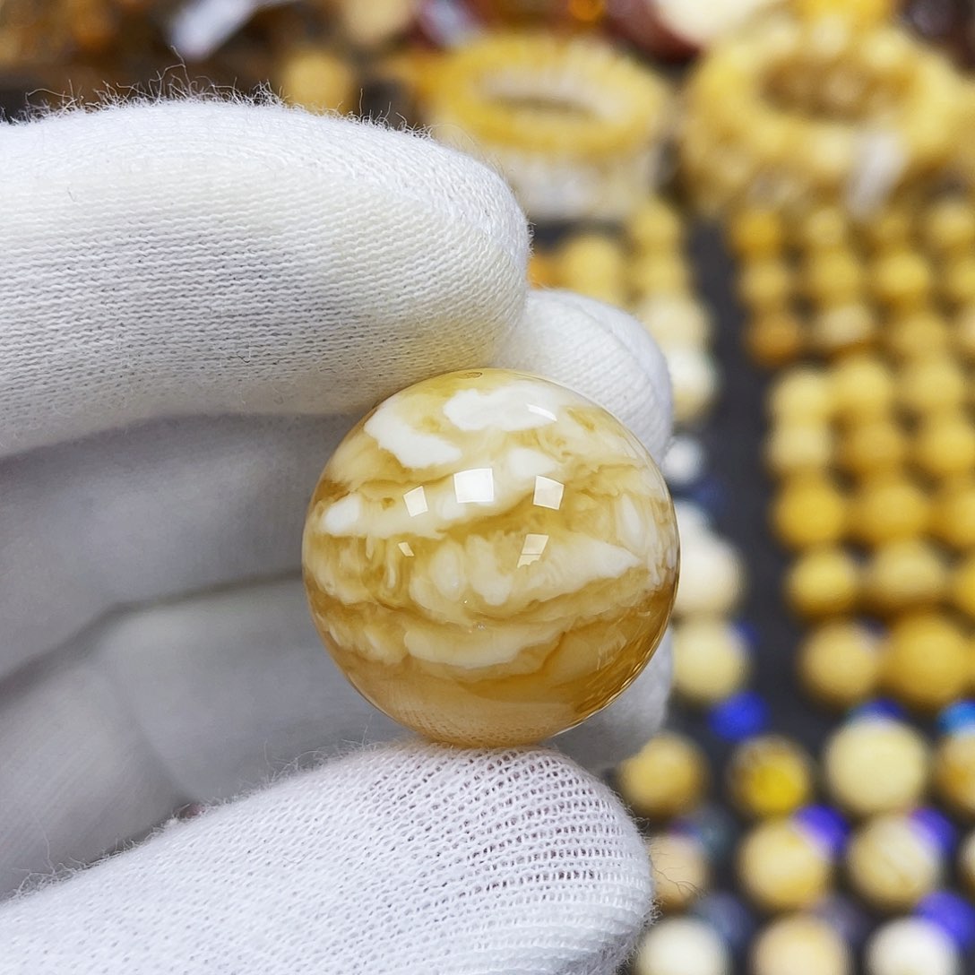 蜜蜡珠宝奇石未镶嵌22.2mm橘紅瓷花虎皮蜡｜圆珠·段掌柜