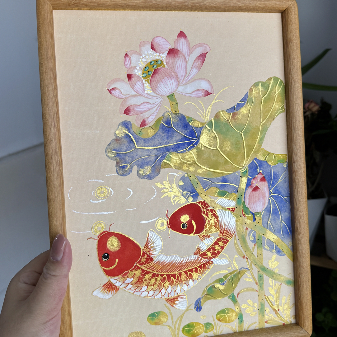 新中式古风锦鲤荷花办公室桌面创意装饰摆台画