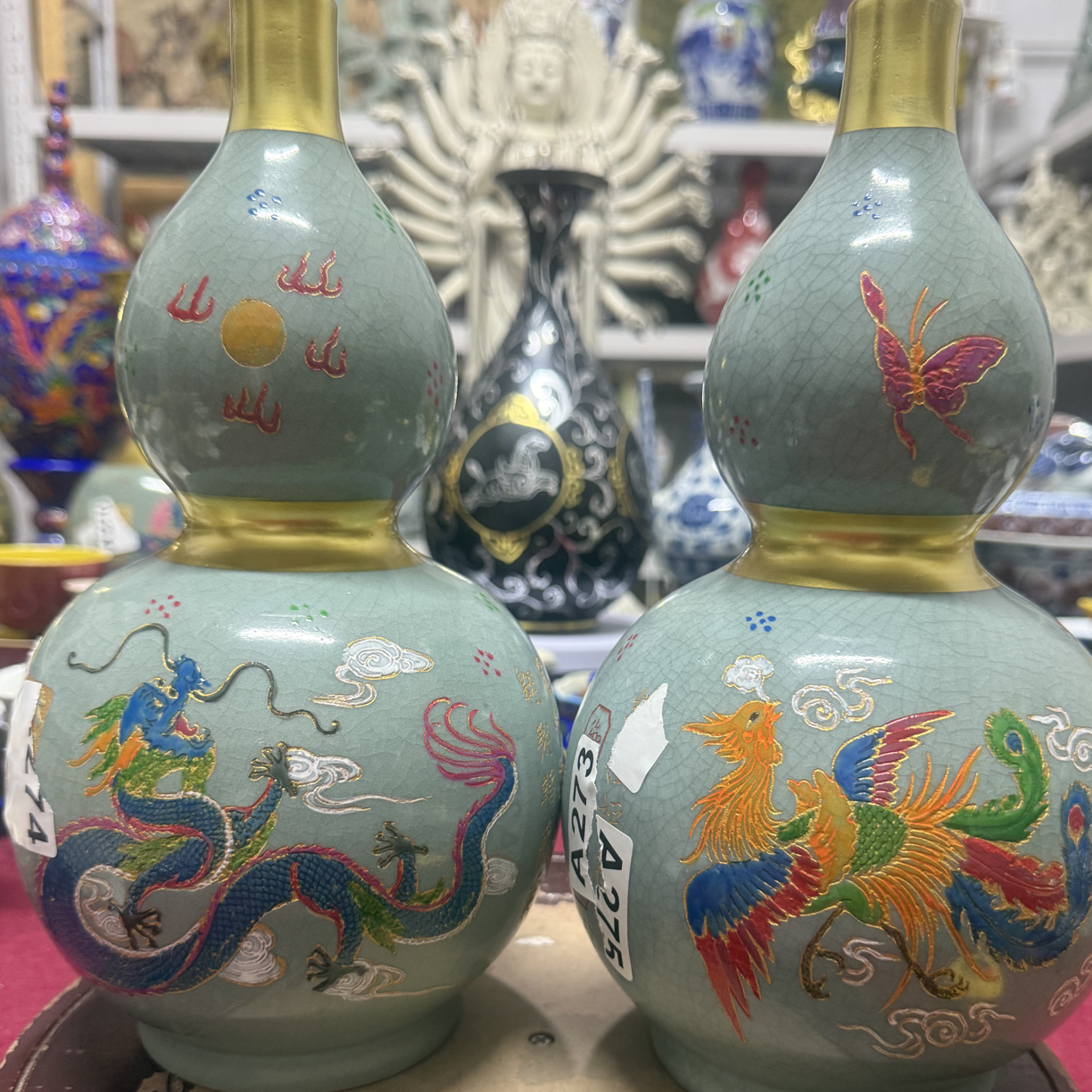 汝龙凤夜光葫芦瓶手绘