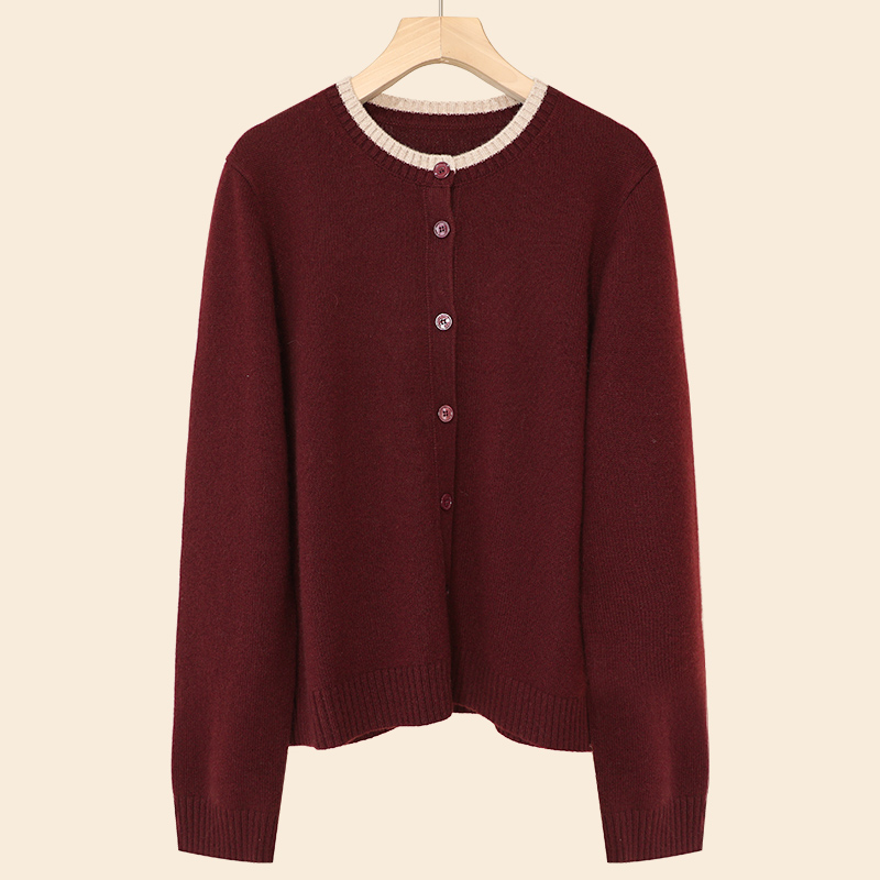 【枣红/米色】羊绒开衫纯色百搭简约基础款长袖圆领软糯女士外套