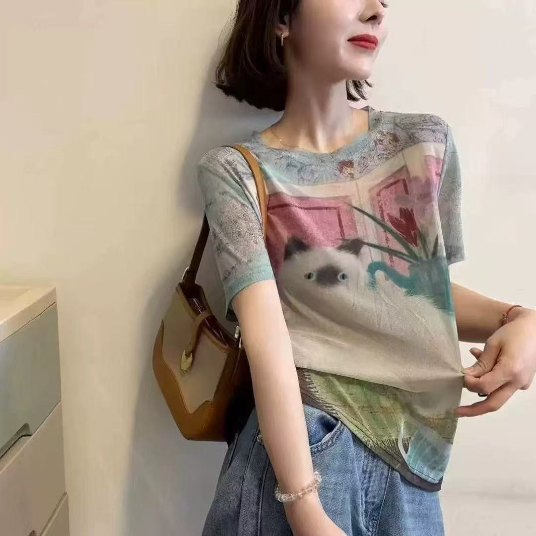 深圳南油白桃美美 卡通猫咪印花短袖T恤女夏季新款个性百搭A2724