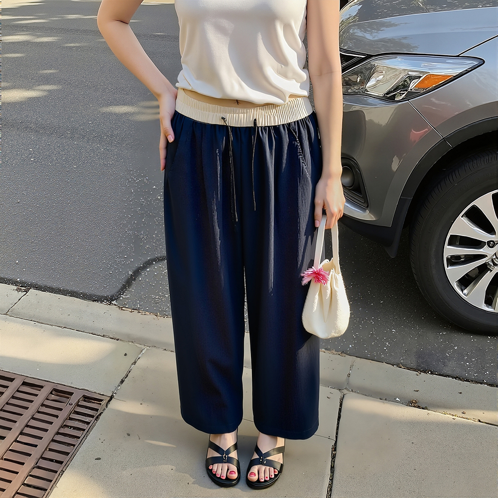 天丝亚麻撞色九分裤女夏季薄款大码宽松松紧腰显瘦休闲阔腿直筒裤