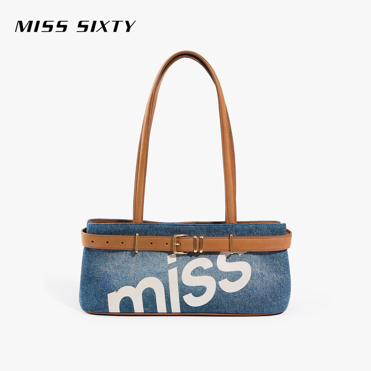 Miss Sixty2025秋季新款包包女牛仔拼皮字母法棍单肩手提腋下包