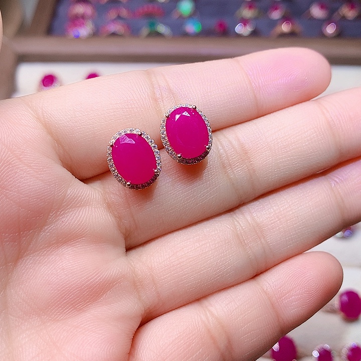 红宝石耳饰银S925镶嵌随**来