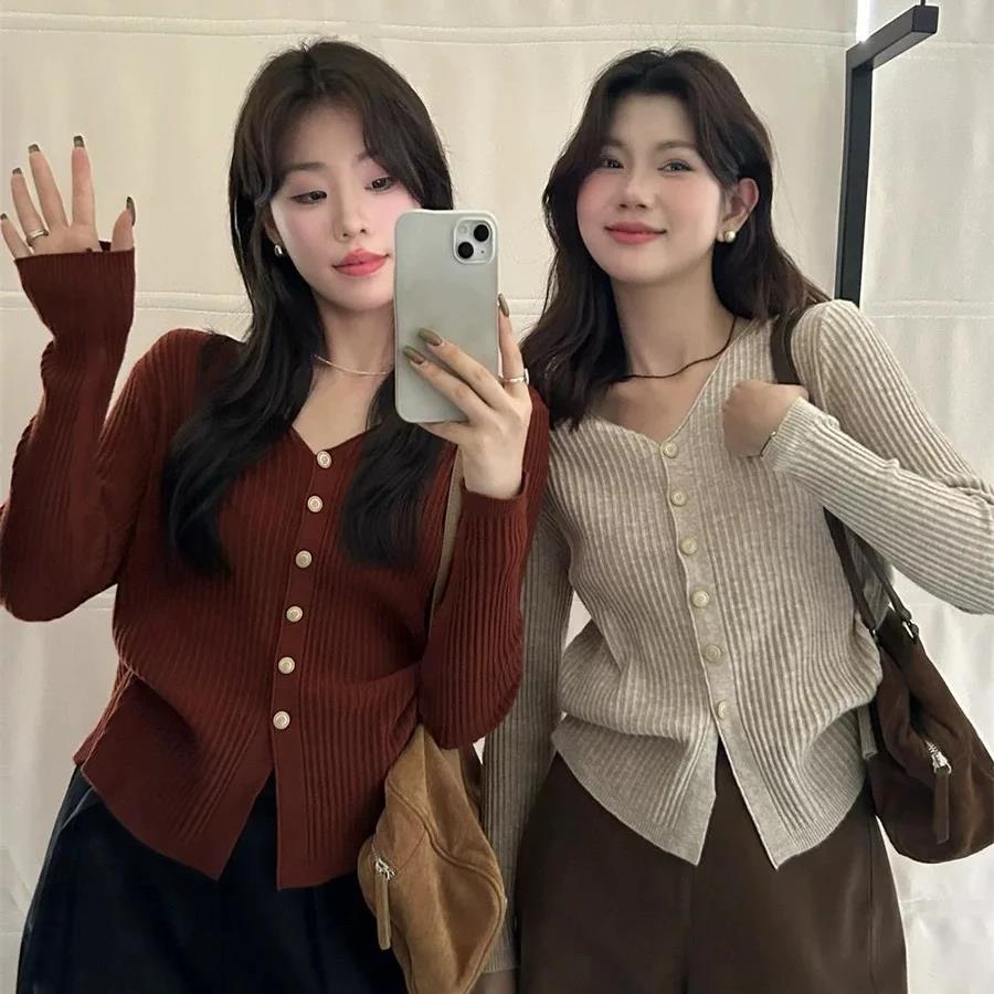 【80-140斤】V领单排扣针织开衫2025新款简约显瘦百搭纯色上衣女