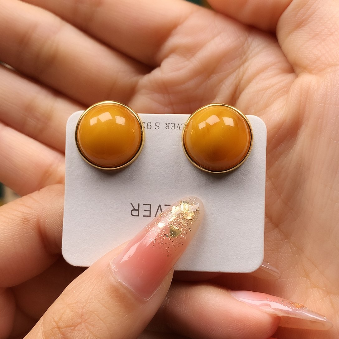 蜜蜡耳饰银S925镶嵌耳钉