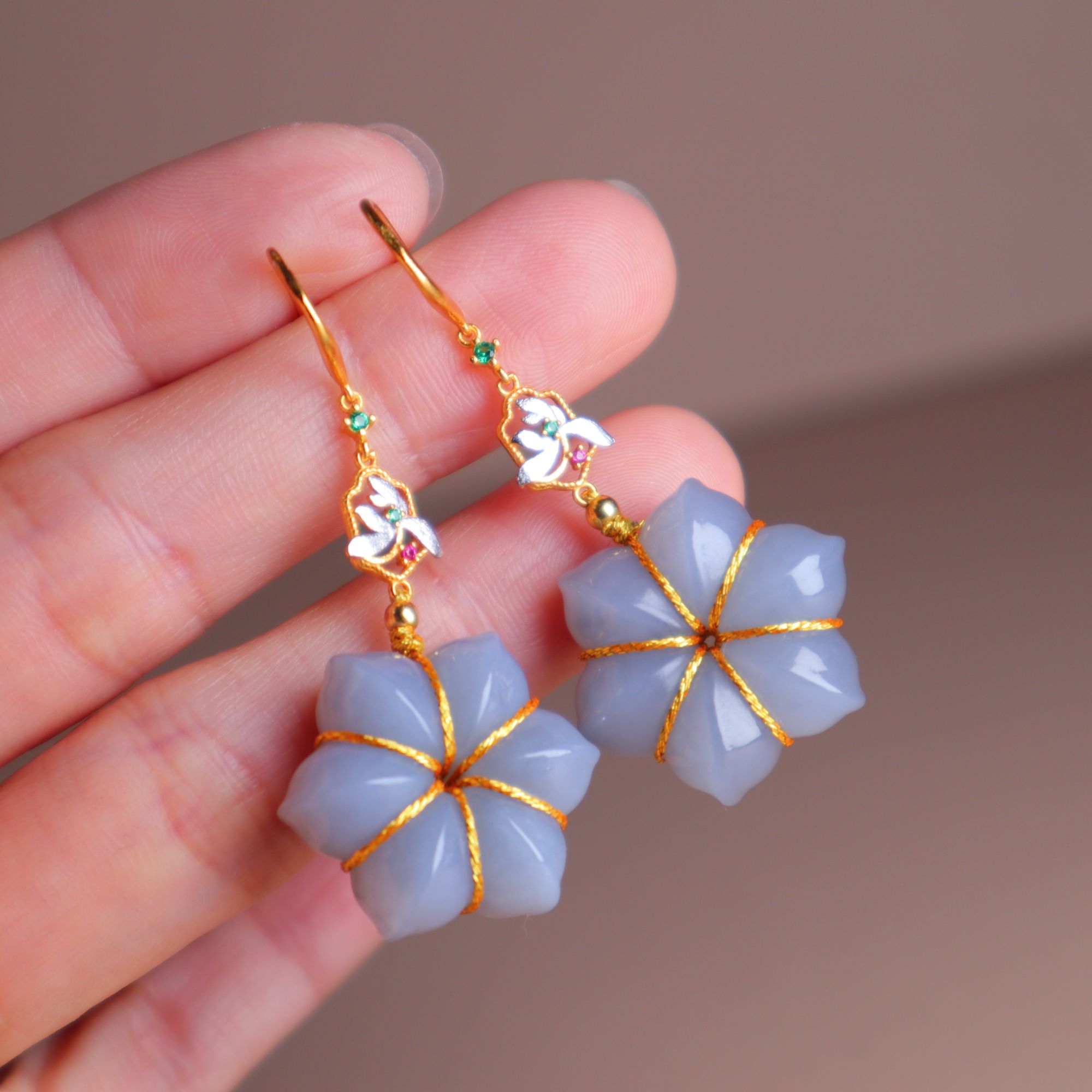 天然和田玉青海料气质新中式花朵925银耳钩耳环耳饰绕金色线@0077