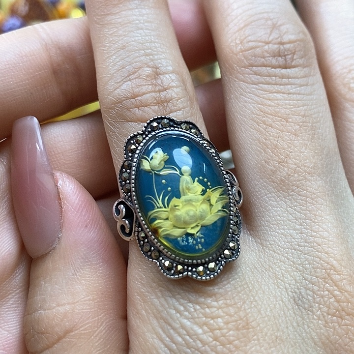 琥珀戒指银S925镶嵌戒指